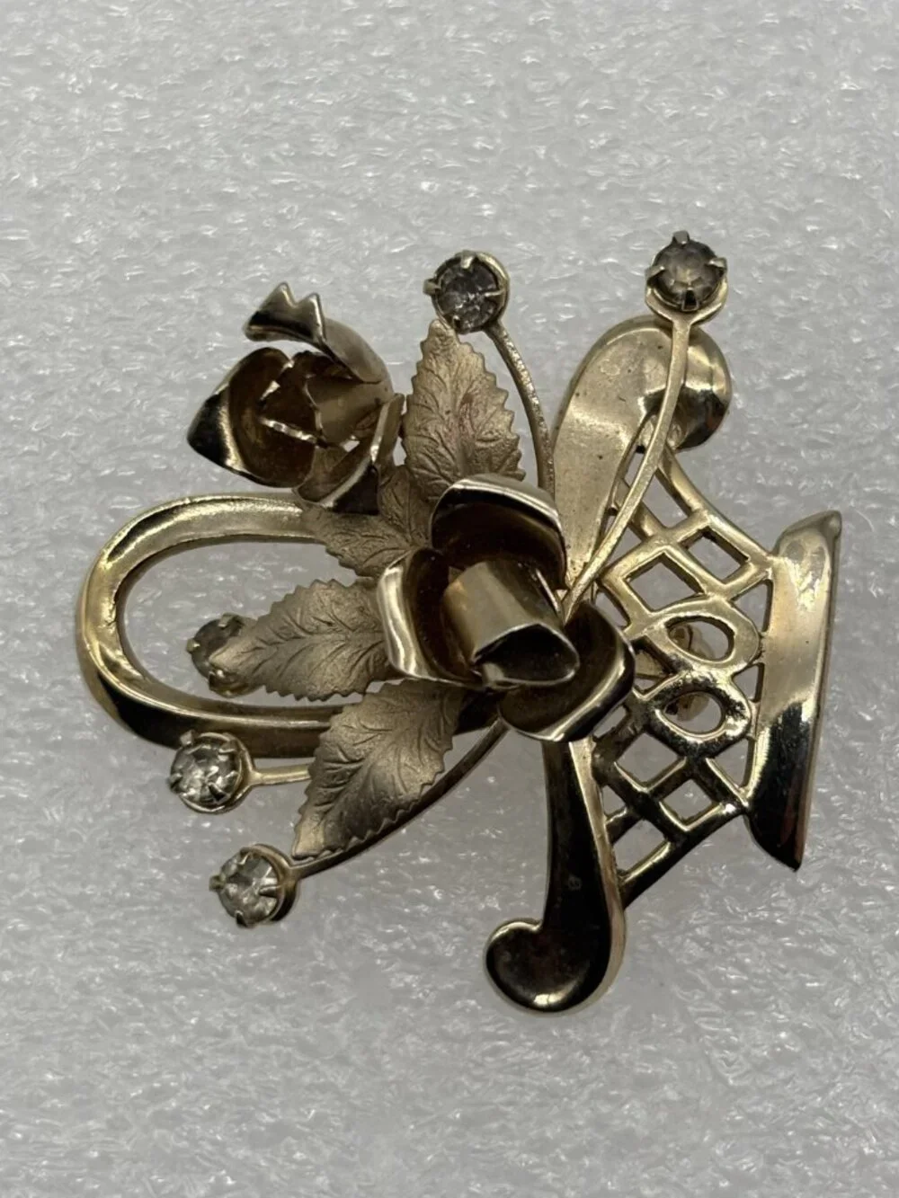 Vintage Basket of Roses Brooch Pin Polished Etched Gold Tone Rhinestone Unsigned